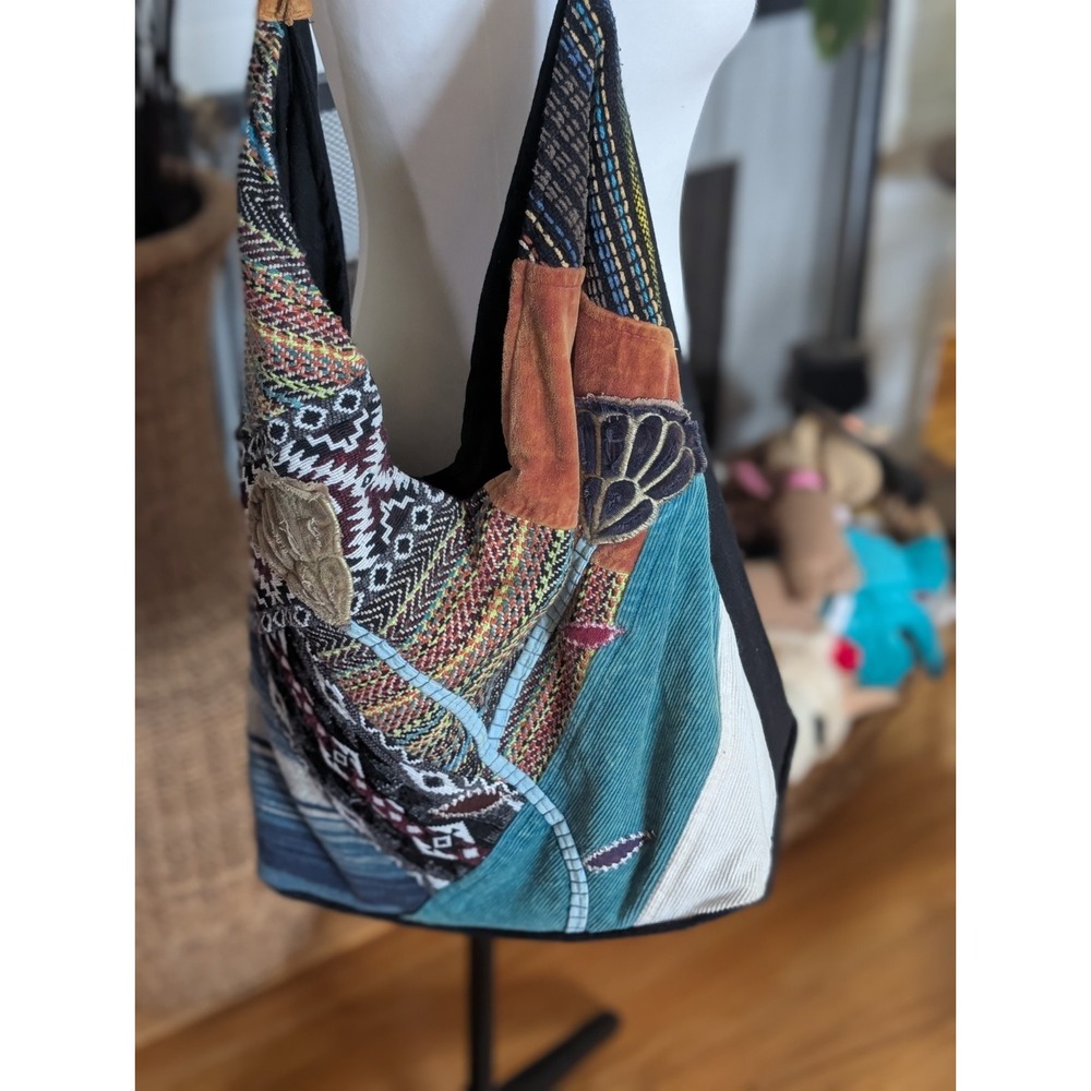 Coldwater Creek Maywine Patchwork Hobo Bag Velvet Corduroy Tapestry Leather... - Picture 13 of 14